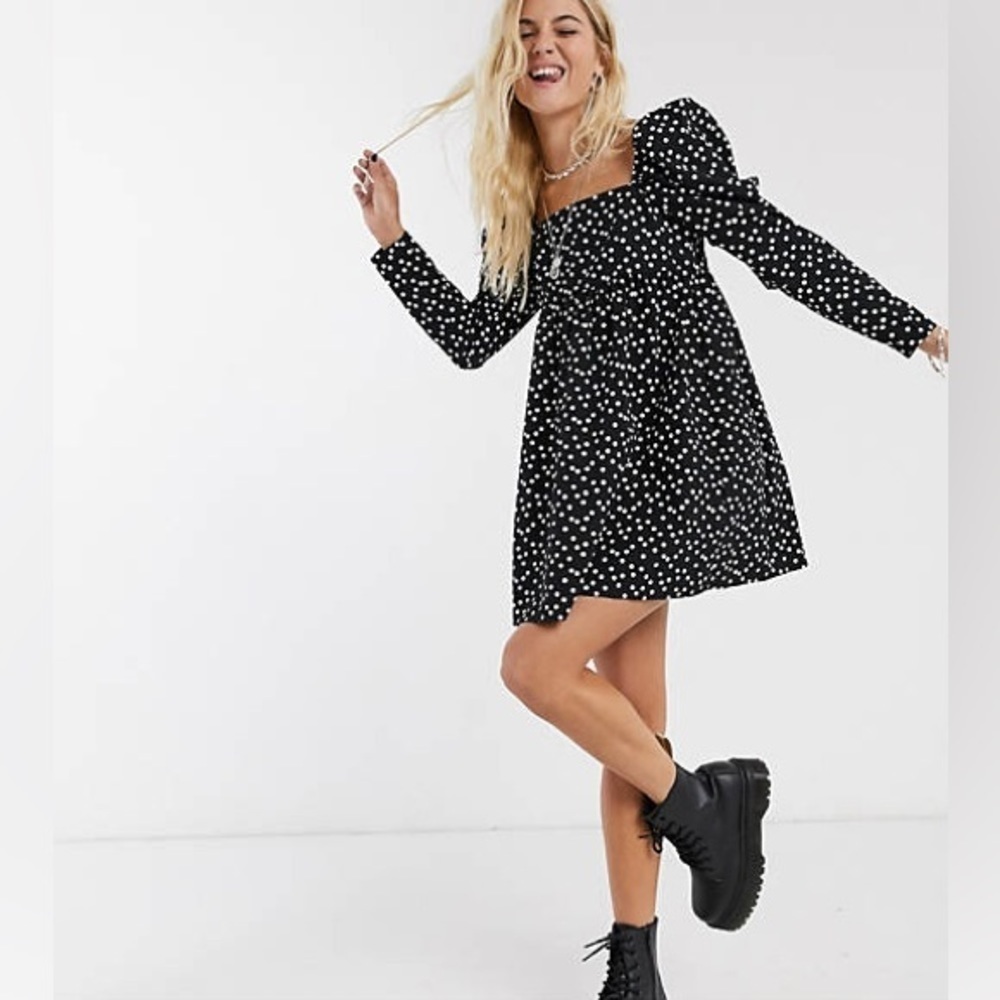 Reclaimed Vintage Inspired Cotton Smock Dress With Polka Dot In Black Si